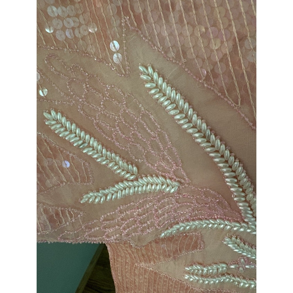 Vintage Pink Beaded Sequin Blouse Faux Pearl Evening Top Scalloped Hem - Picture 12 of 16